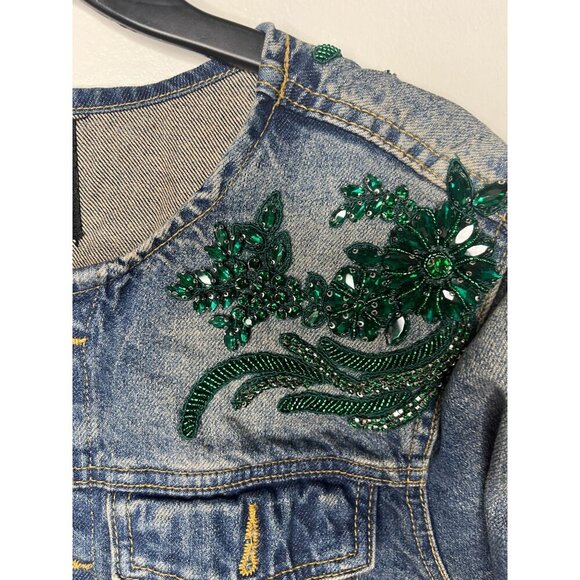 BoohooMAN Men's Embellished King Denim Jacket S Blue & Green Beaded Embroidery S - Picture 5 of 8